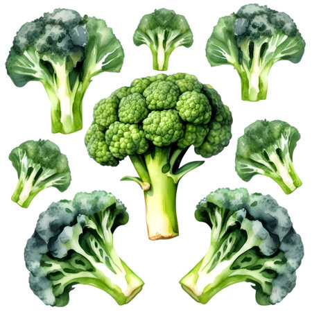 Isolated Broccoli on white background, high detailed close up, appetizing broccoli on white, gentle natural,の素材