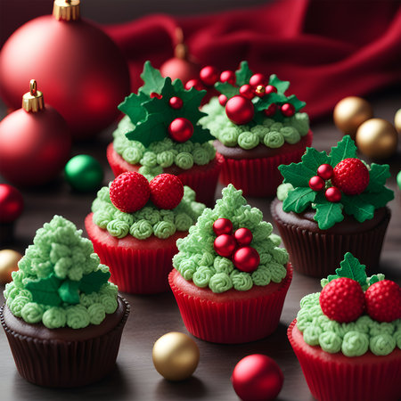 3D Christmas banner with a festive pine tree, Preparation for New Year's celebrations, Traditional Christmas cake decoratedの素材