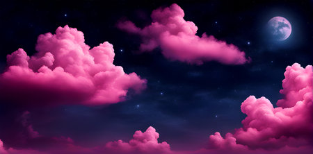 night sky with stars and moon. paper art style. Dreamy background with moon stars and clouds, abstract fantasy background. Half moon, stars and clouds on the dark night sky background.の素材