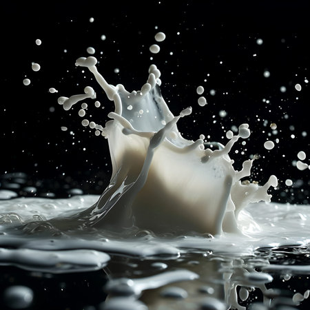 Milk splashing with glass of milk in the middle isolated on dark background. Vector realistic in 3d illustration.の素材