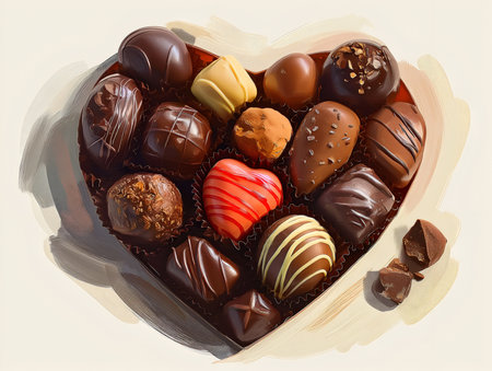 chocolates in brown box, with red heart chocolate, chocolates in a heart box and coffee beans aroundの素材