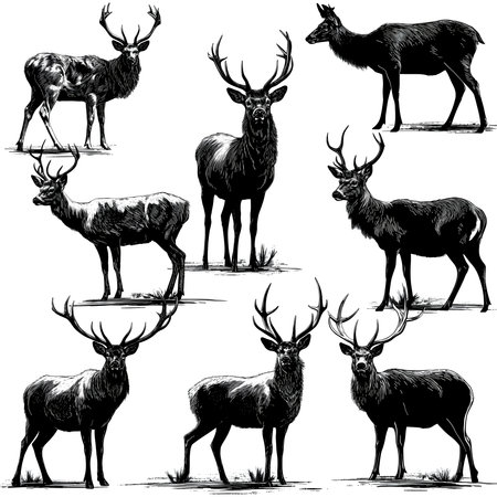 Deer silhouette, wild deers on whiteの素材