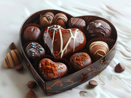 chocolates in brown box, with red heart chocolate, chocolates in a heart box and coffee beans aroundの素材