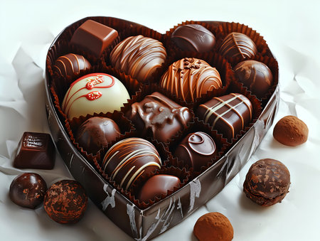 chocolates in brown box, with red heart chocolate, chocolates in a heart box and coffee beans aroundの素材