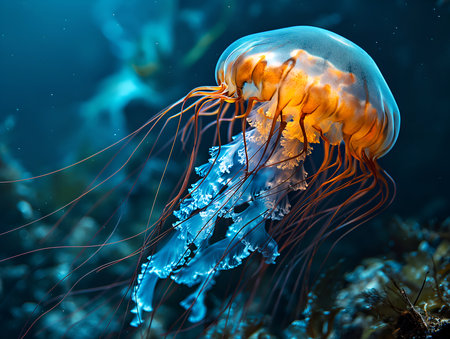 Beautifully colored jellyfish float in the ocean.の素材