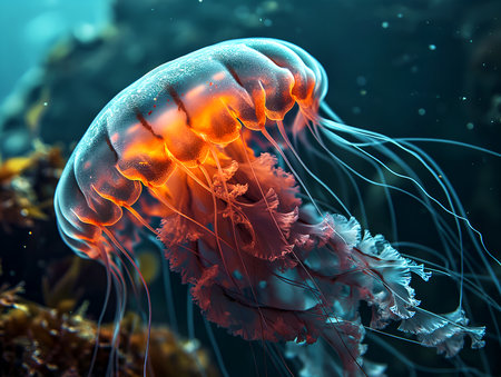 Beautifully colored jellyfish float in the ocean.の素材