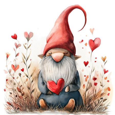 Gnome with heart shaped candy and a roseの素材