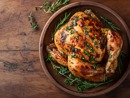 Roasted chicken with table. Traditional Christmas and Thanksgiving roasted whole chickenの素材