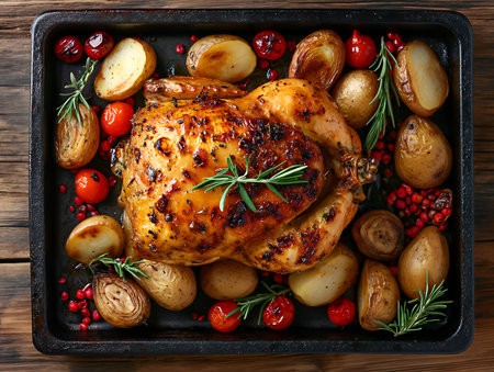 Roasted chicken with table. Traditional Christmas and Thanksgiving roasted whole chickenの素材