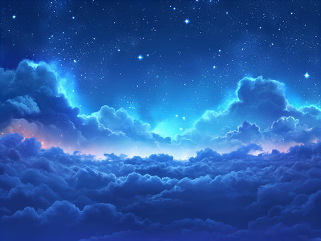 night sky with stars and moon. paper art style. Vector of a crescent moon with stars on a cloudy night sky. Moon and stars background.の素材