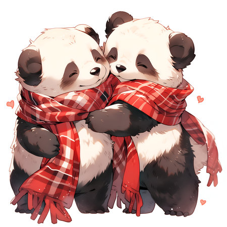 Pandas hug each other to show their love on Valentine's Day.の素材