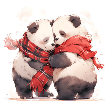 Pandas hug each other to show their love on Valentine's Day.の素材