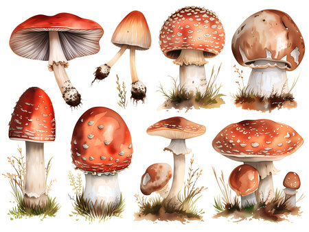 set of mushrooms on whiteの素材