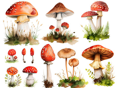 set of mushrooms on whiteの素材