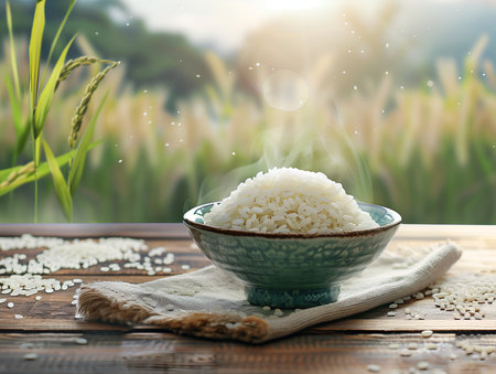 steamed rice in bowl on wooden table, on blurred rice field backgroundの素材