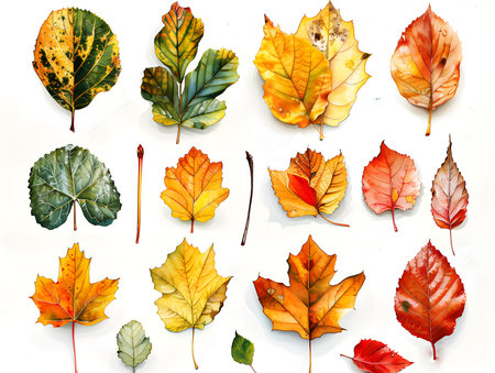 collection of autumn leaves on whiteの素材