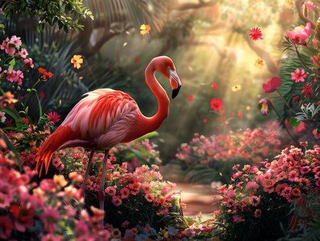 flamingo in the flower and green forest backgroundの素材