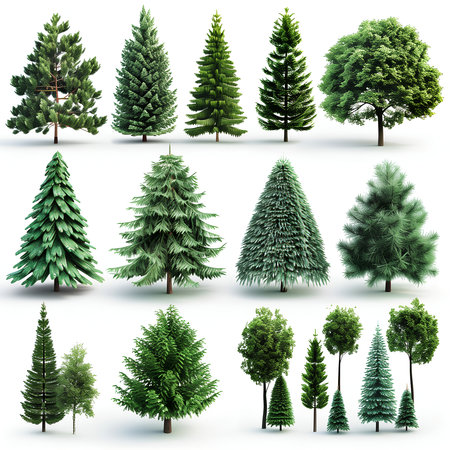 a collection of pine tree on white backgroundの素材