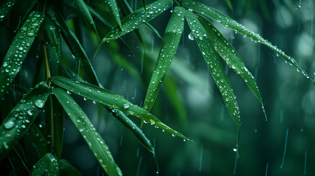 water drops on a green bamboo leaf in the bamboo forest, rain in the forestの素材