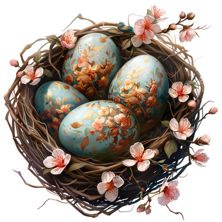 easter eggs with flowers in a nest on white backgroundの素材