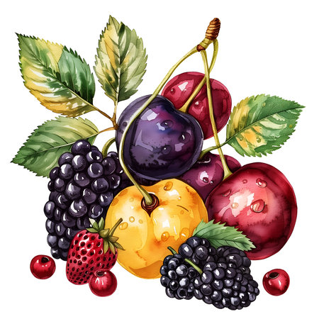 set of berries on white, watercolor styleの素材