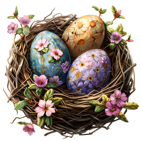 easter eggs with flowers in a nest on white backgroundの素材