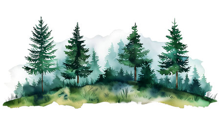 christmas tree in the forest with fog, watercolor styleの素材
