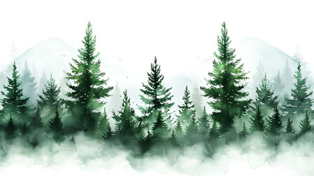 christmas tree in the forest with fog, watercolor styleの素材