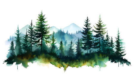 christmas tree in the forest with fog, watercolor styleの素材