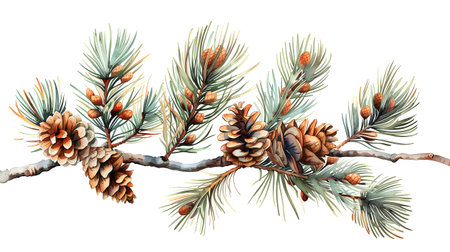 pine cones on a branch, watercolor styleの素材
