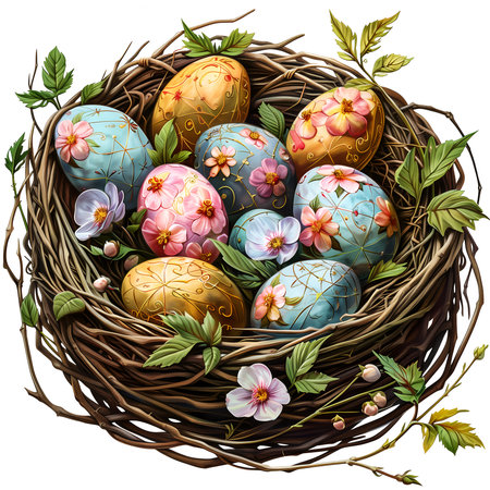 easter eggs with flowers in a nest on white backgroundの素材