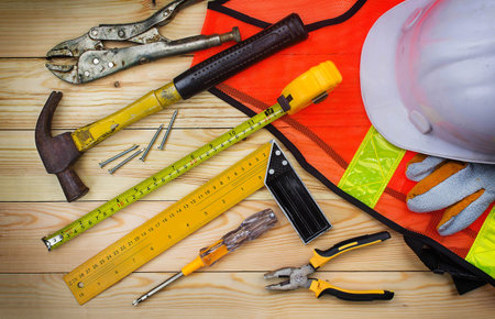 Construction tools on worker desk