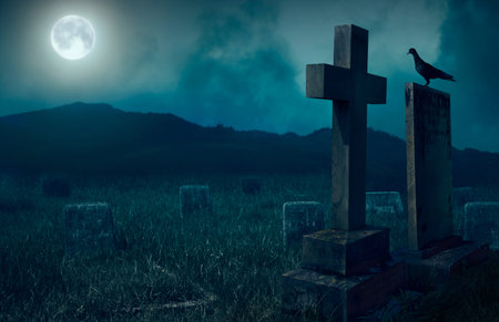 Creepy atmosphere in the cemetery with tombstone