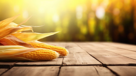 Fresh corn on wooden table with bokeh background, harvest concept, Generative AIの素材