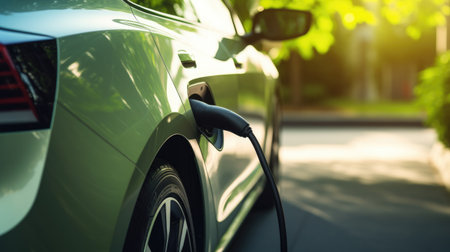 Charging an electric car at a charging station, close-up. Generative AIの素材