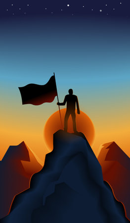 A man with flag wave at the top of a mountain. Top of a rock. Success concept. Sunset.のイラスト素材