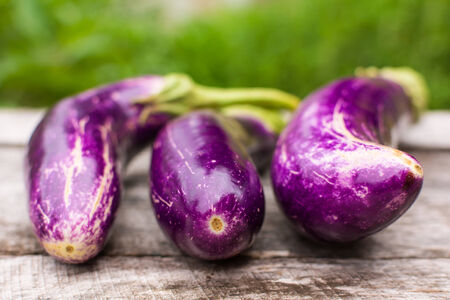 three eggplant on wood backgroundの写真素材