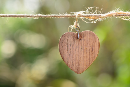 wooden heart on green nature backgroundの写真素材