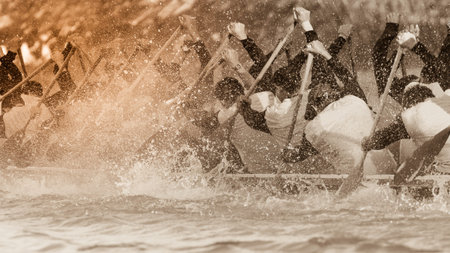 Close up of rowing team race with vintage color tone