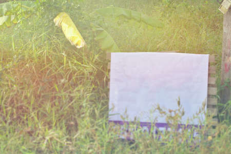 Blank white signboard on the deserted grass areaのeditorial素材