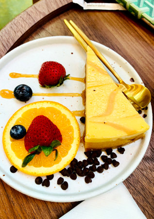 Classic plain New York Cheesecake sliced with fresh berries, orange, closeup view, selective focus on white plate and wooden table background.の写真素材