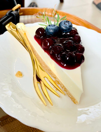 Homemade Blueberry French cheesecake served with gold fork in white plate.の写真素材