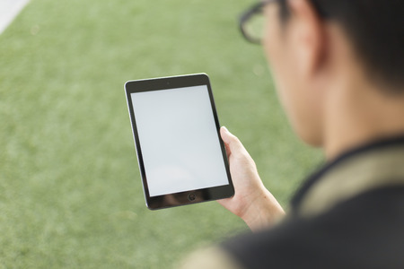 Man Look a Blank Tabletの写真素材