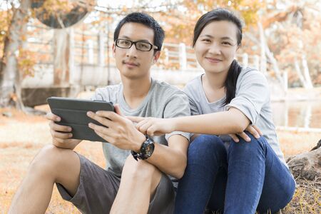 Couple use tabletの写真素材