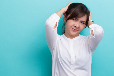 Angry woman on isolated backgroundの写真素材