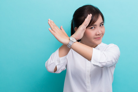 Woman making stop signの写真素材