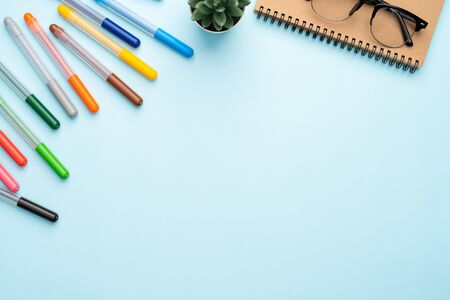 Top view with copy space of office desk with accessoriesの写真素材