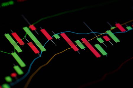 Close up shot on digital screen Candlestick Chart of stock market change and volatility prices profit or lossの写真素材