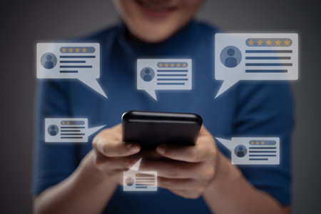 Asian woman using smart phone for check feedback, reviews with comments icon hologram effect....