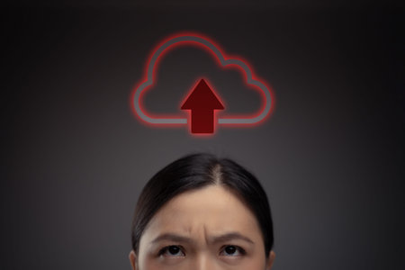 Close up shot of happy Asian woman with search icon hologram effect. Isolated on background.
